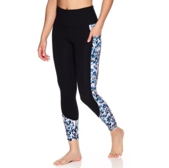 GAIAM Pants - Gaiam Black Blue Print Side Panel High-Rise Yoga Leggings Womens Size XS